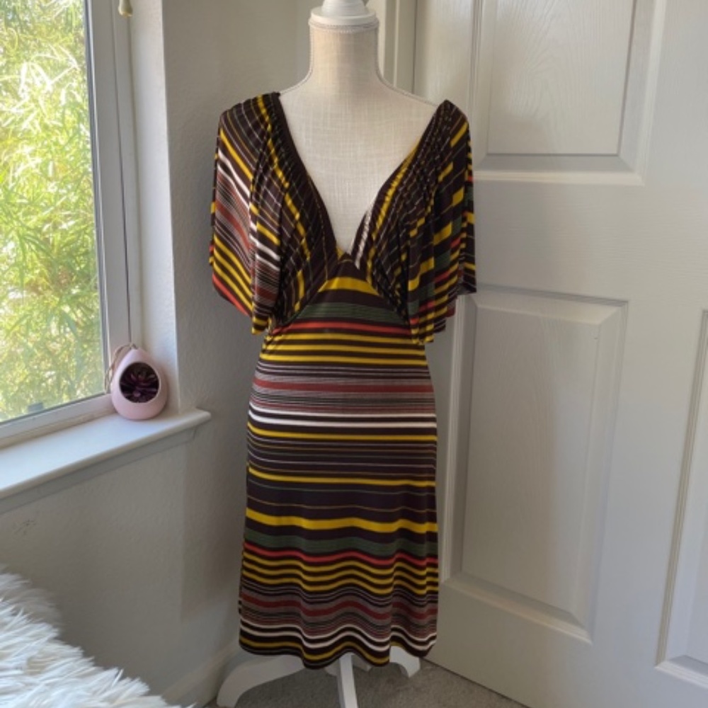 Viva You | Multicolor Brown Striped Midi Dress | 2000s Cape Sleeve V-Neck Size S